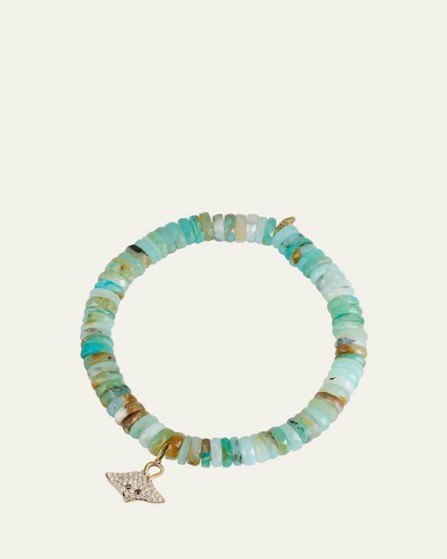 14K Diamond Stingray Charm on Green Multi Bead Bracelet